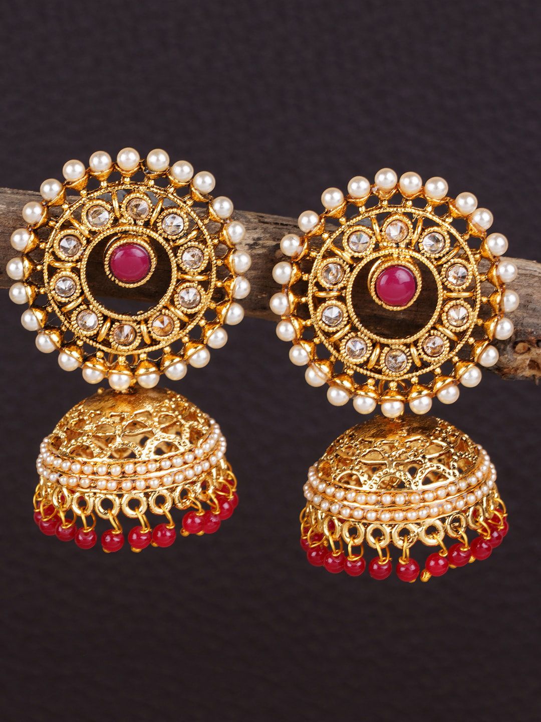 Shining Diva Gold-Toned & Red Dome Shaped Jhumkas Earrings Price in India