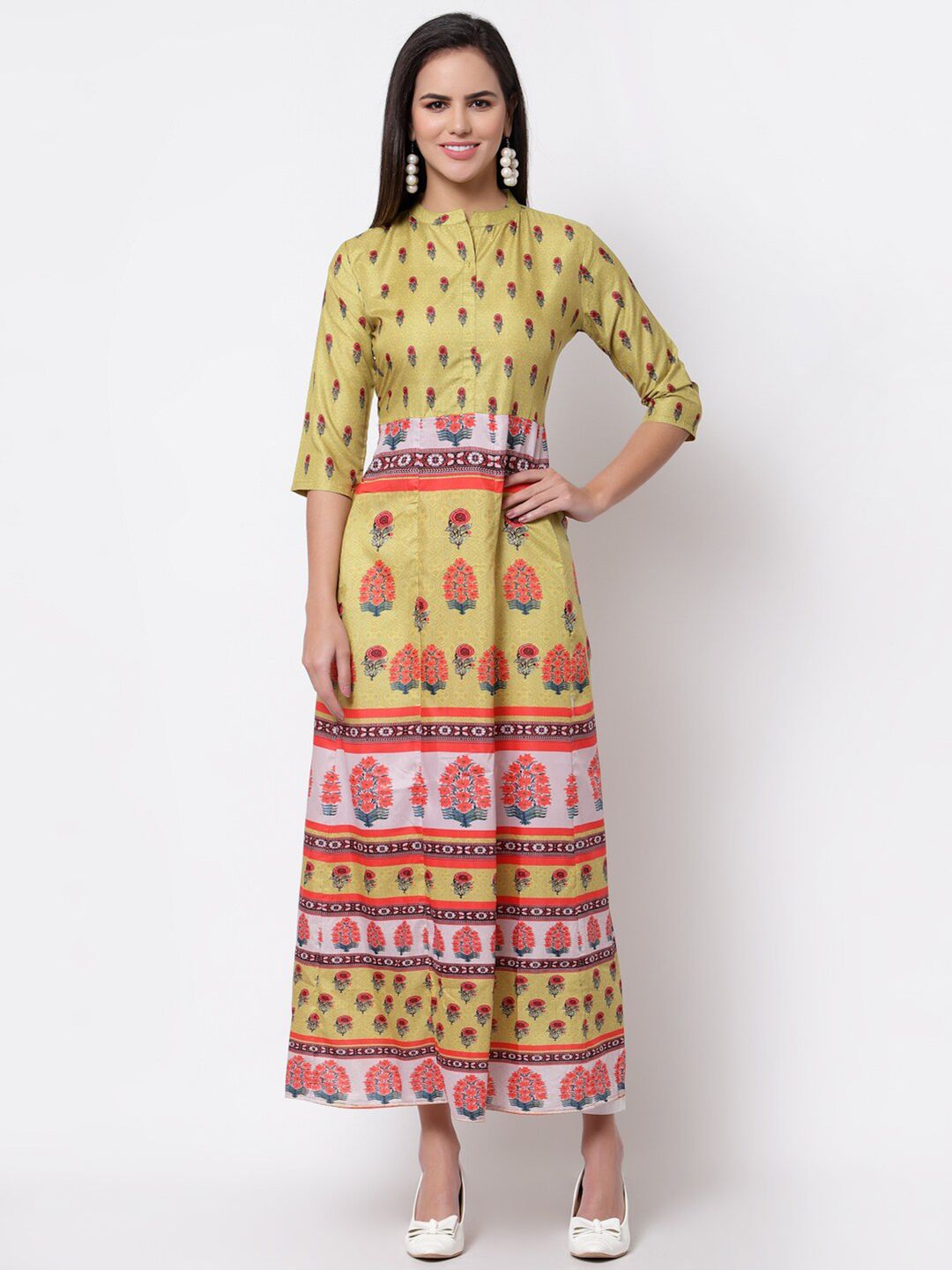 Myshka Mustard Yellow Ethnic Motifs Cotton Maxi Dress Price in India
