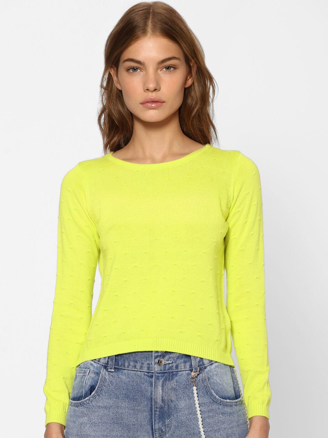 ONLY Women Fluorescent Green Solid Crop Pullover Price in India