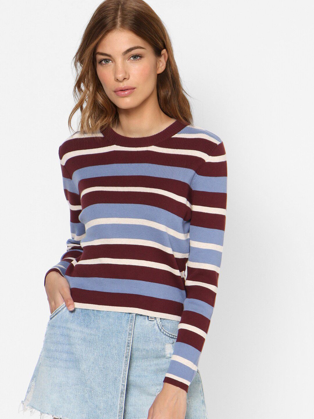 ONLY Women Maroon & Blue Striped Crop Pullover Price in India