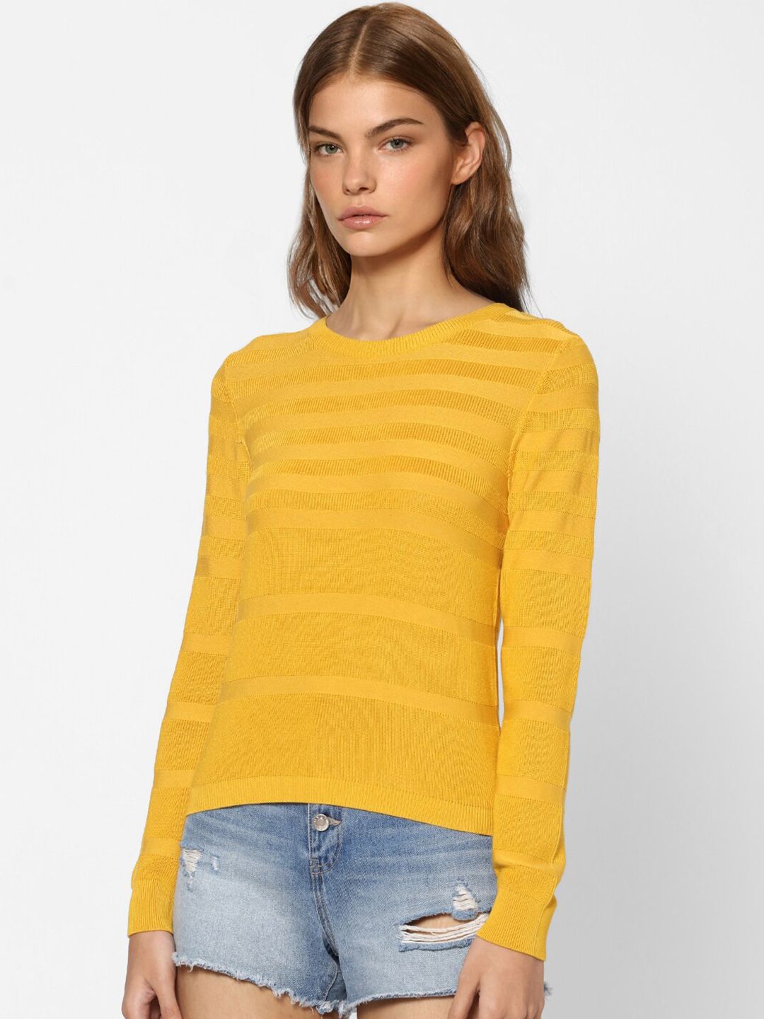 ONLY Women Yellow Striped Pullover Price in India