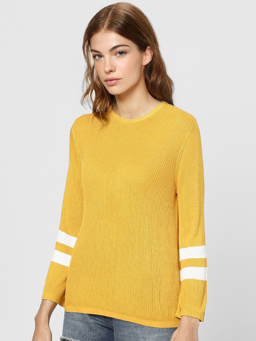 ONLY Women Yellow & White Colourblocked Pullover Price in India