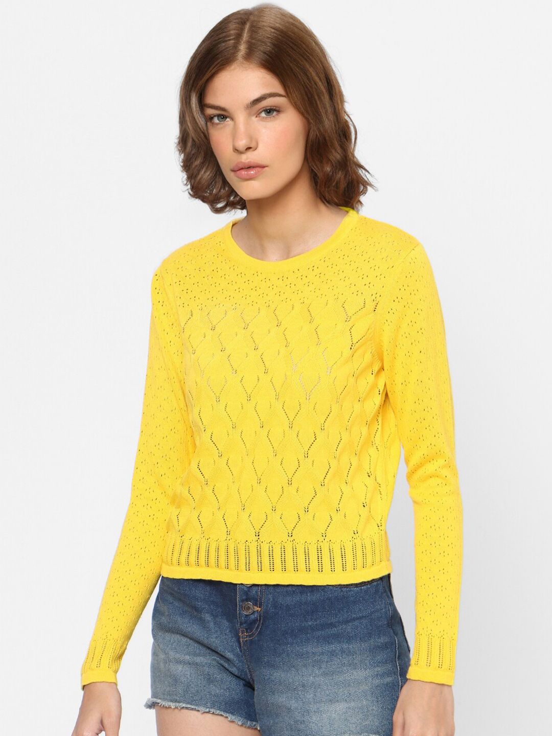 ONLY Women Yellow Self Design Pullover Price in India