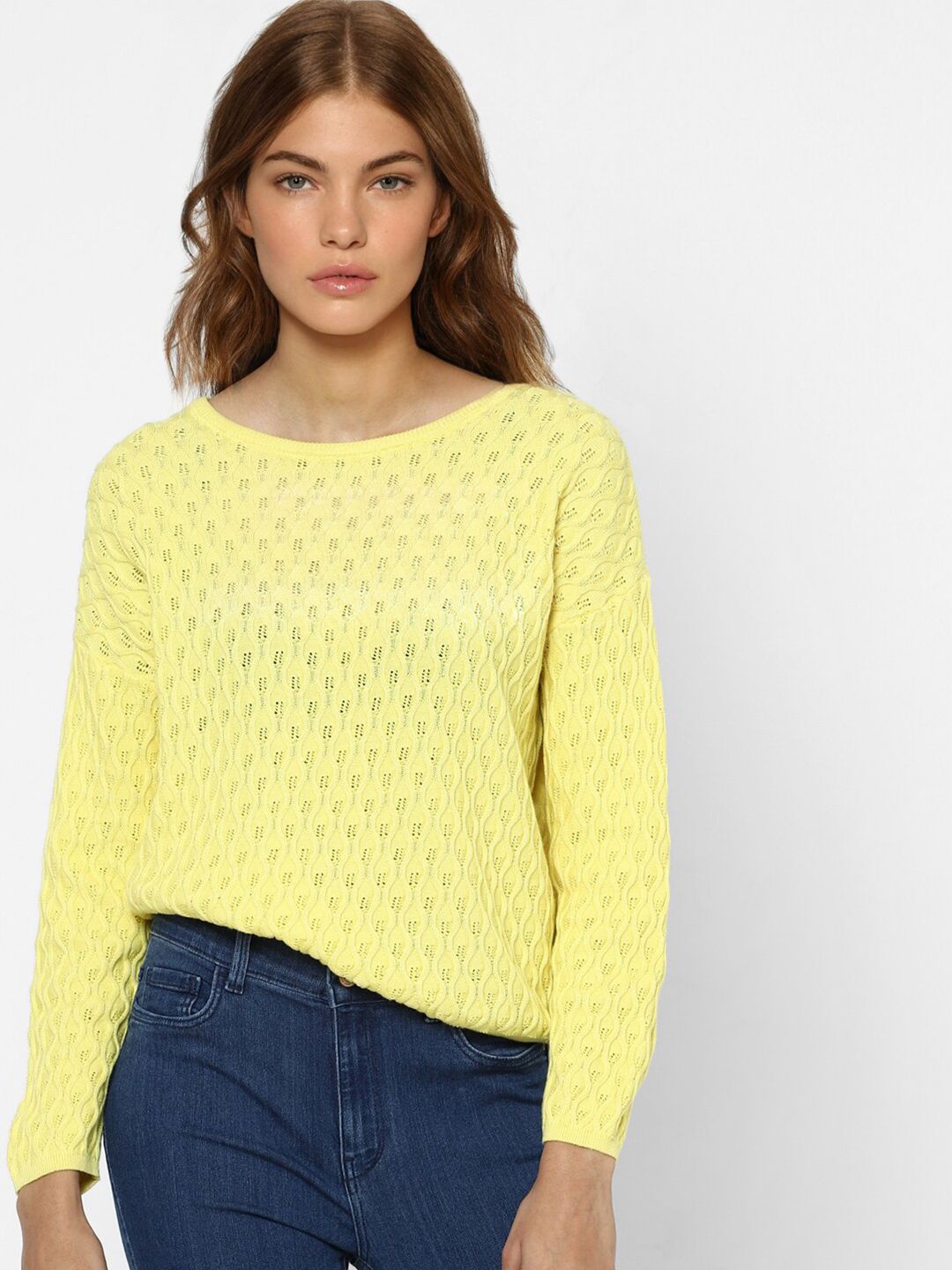 ONLY Women Yellow Open Knit Crop Pullover Price in India