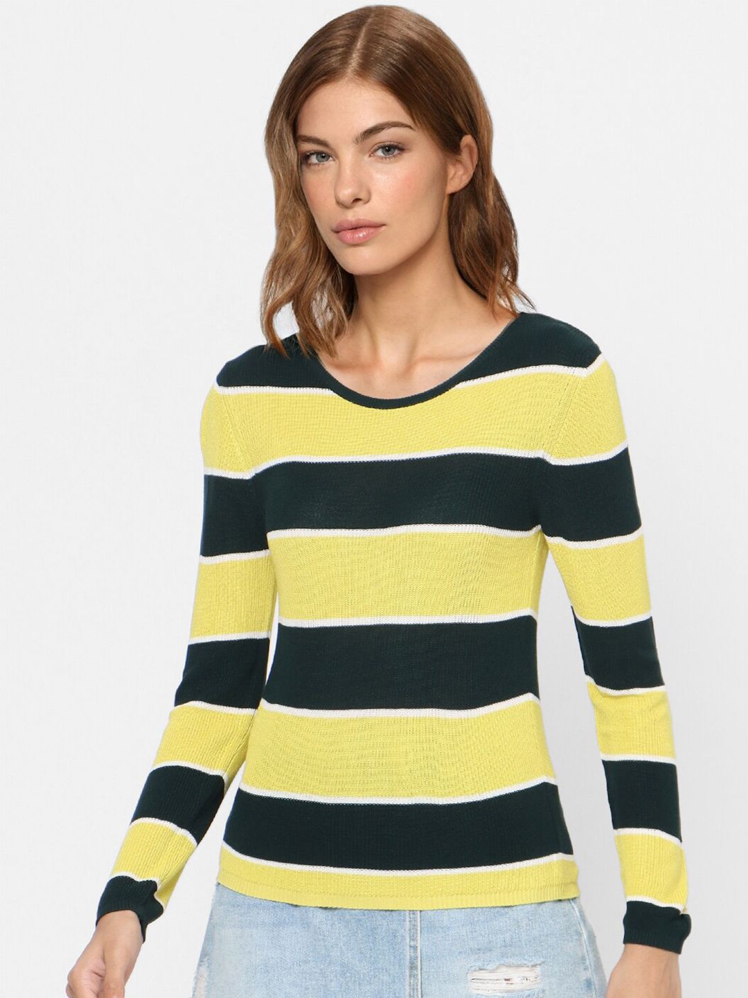 ONLY Women Green & Yellow Striped Pullover Price in India