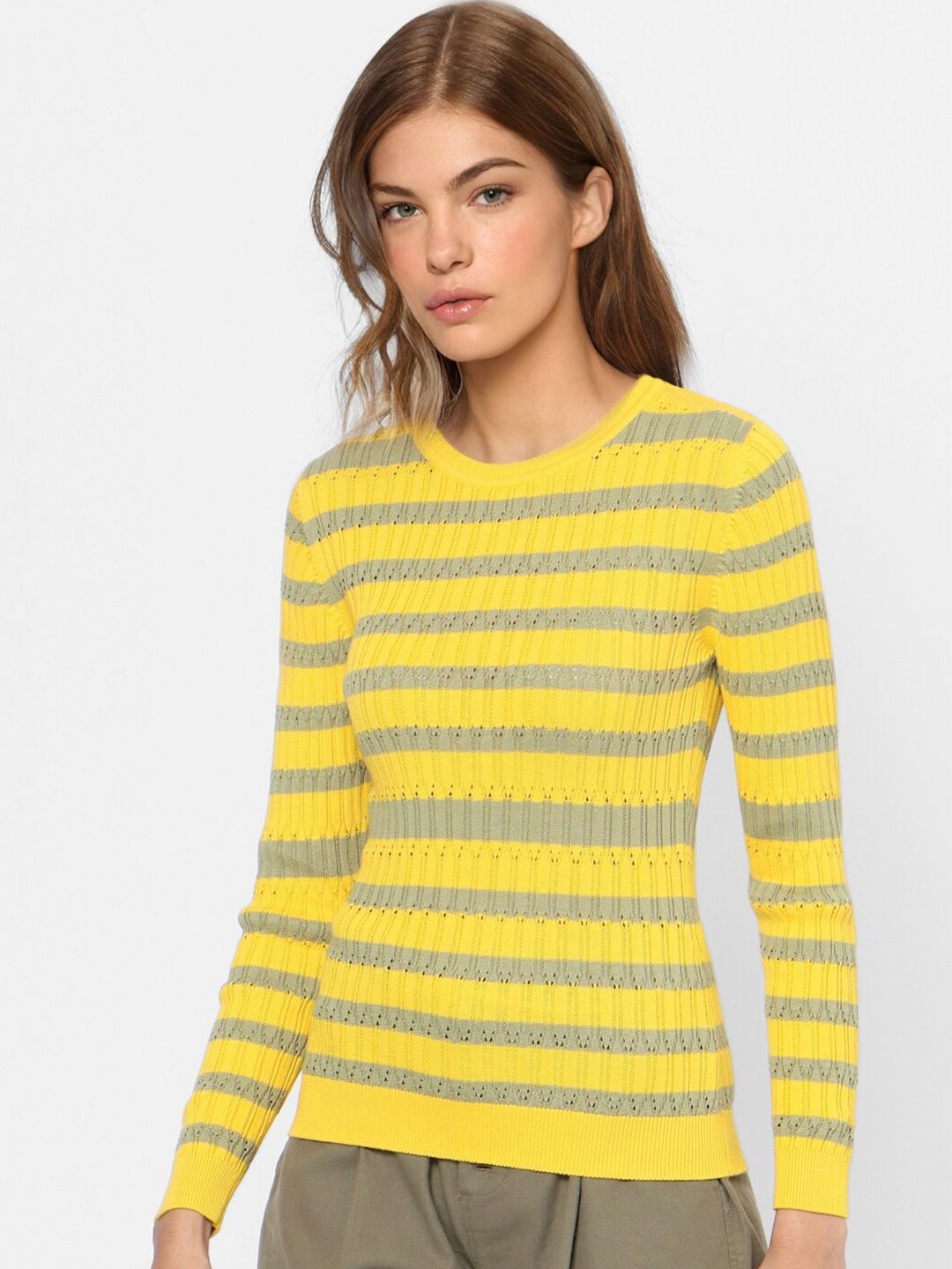 ONLY Women Yellow & Grey Striped Pullover Price in India