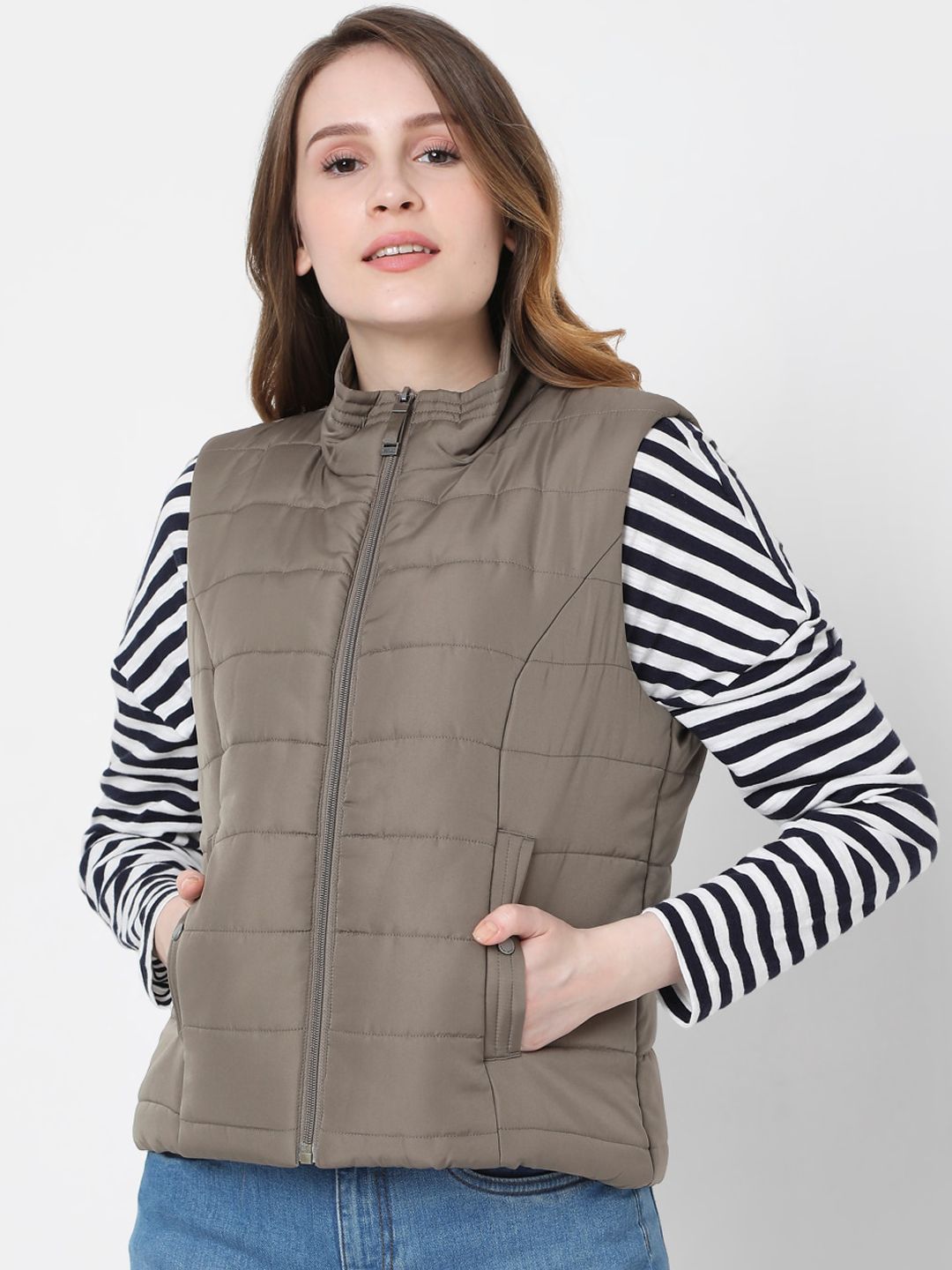 Vero Moda Women Grey Geometric Puffer Jacket Price in India