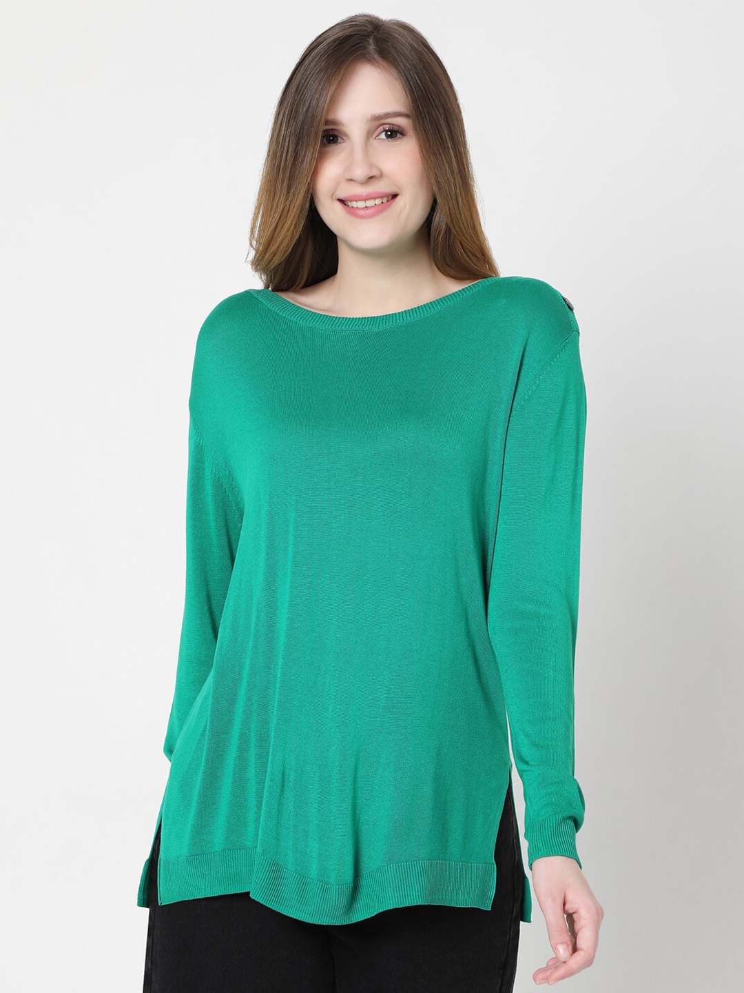 Vero Moda Women Green Solid Pullover with Side Slits Price in India