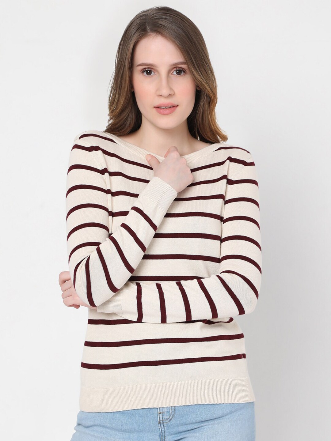 Vero Moda Women Off White & Purple Striped Cotton Pullover Price in India
