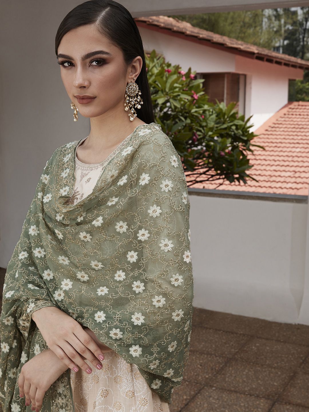 House of Pataudi Olive Green Embroidered Chiffon Dupatta with Thread Work Price in India