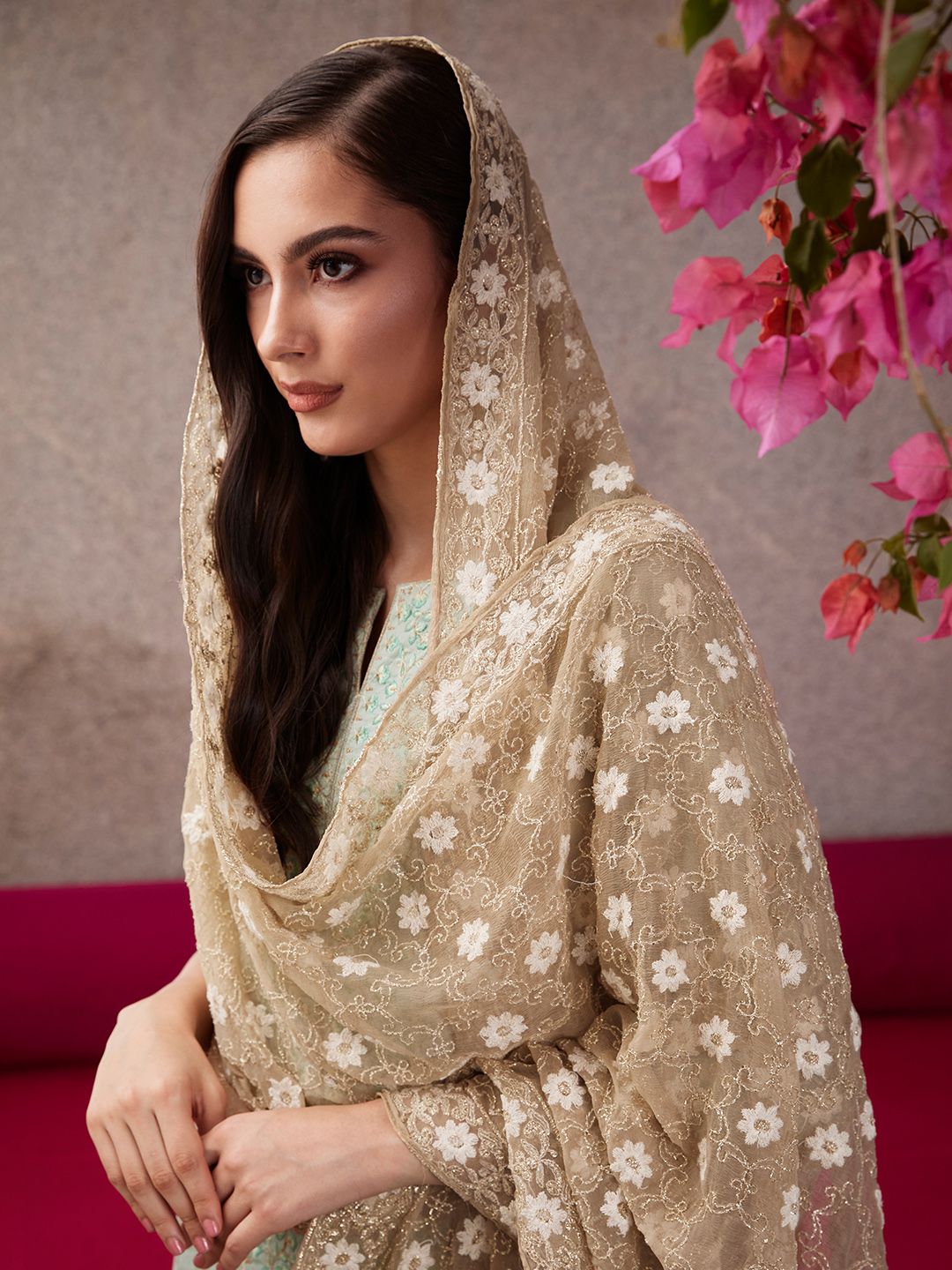 House of Pataudi Beige & White Embroidered Chiffon Dupatta with Thread Work Price in India