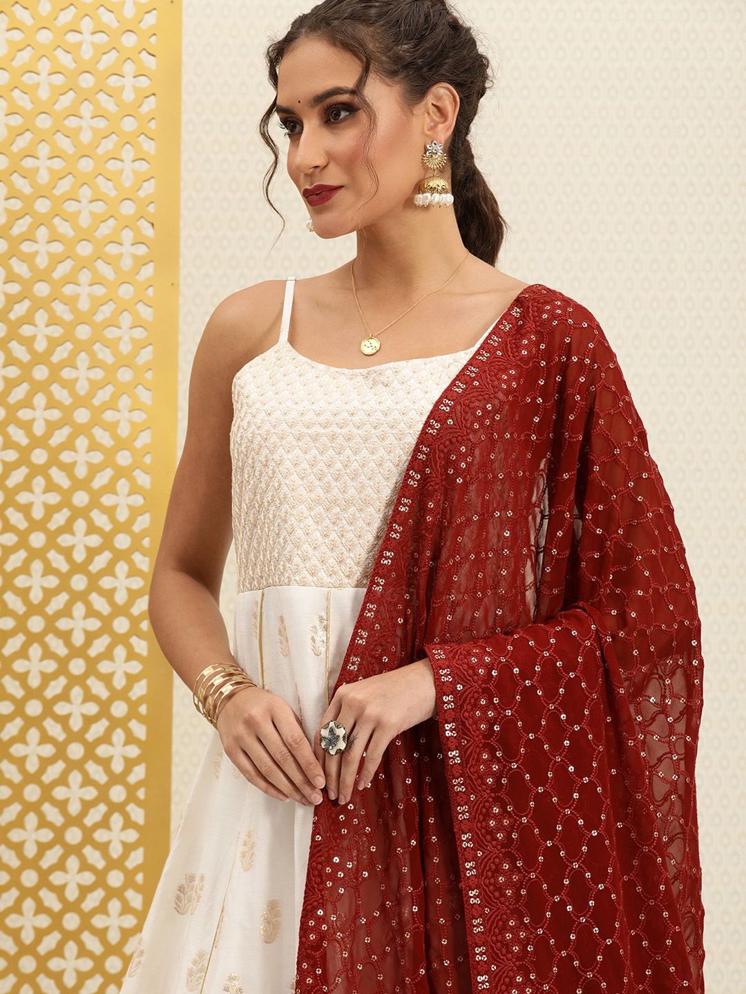 House of Pataudi Maroon Ethnic Motifs Embroidered Jashn Dupatta with Sequinned Price in India