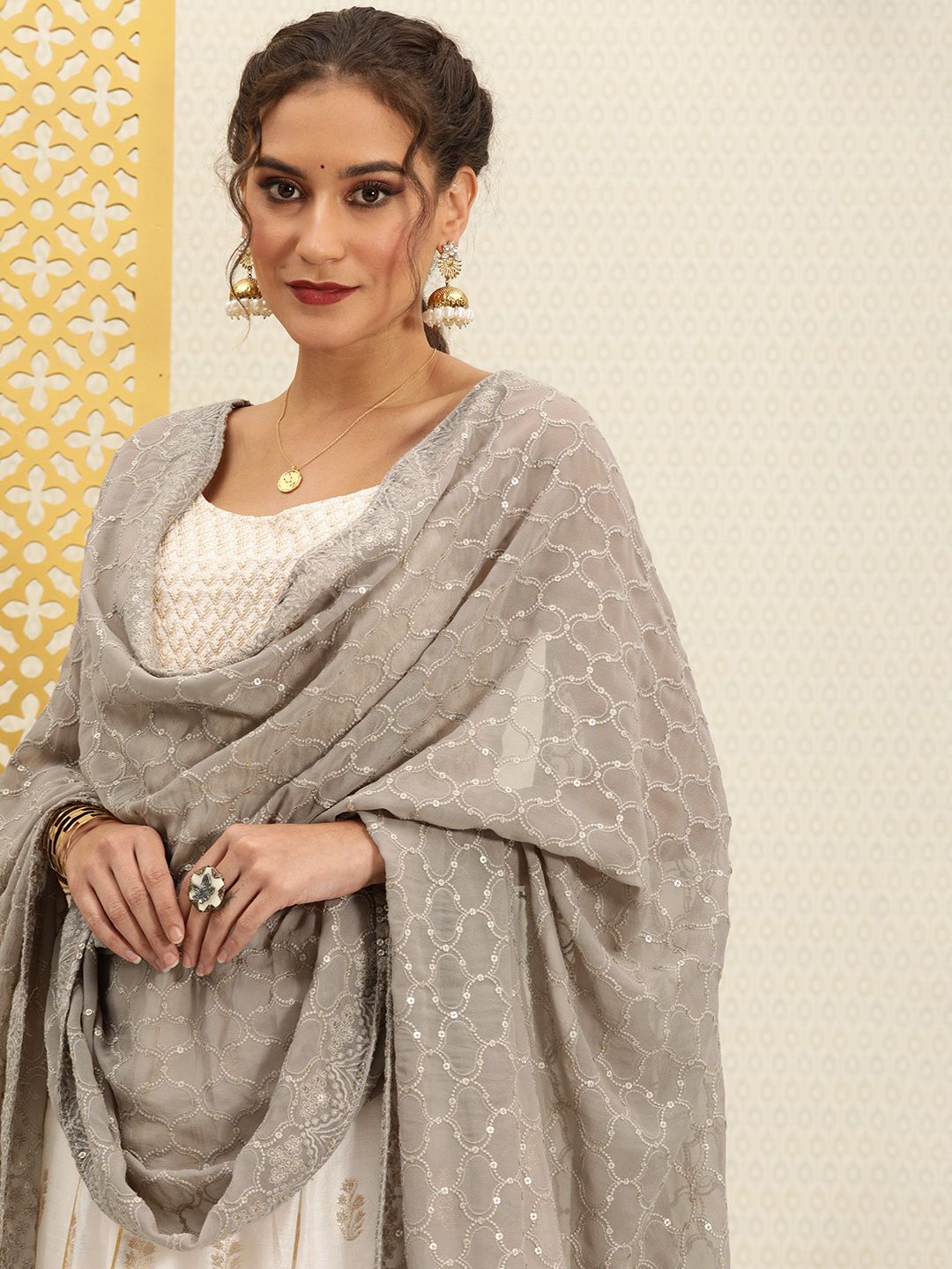 House of Pataudi Grey Ethnic Motifs Embroidered Jashn Dupatta with Sequinned Price in India