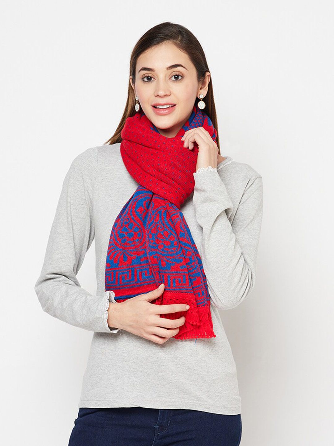 Safaa Women Red & Blue Woven Design Woolen Stole Price in India