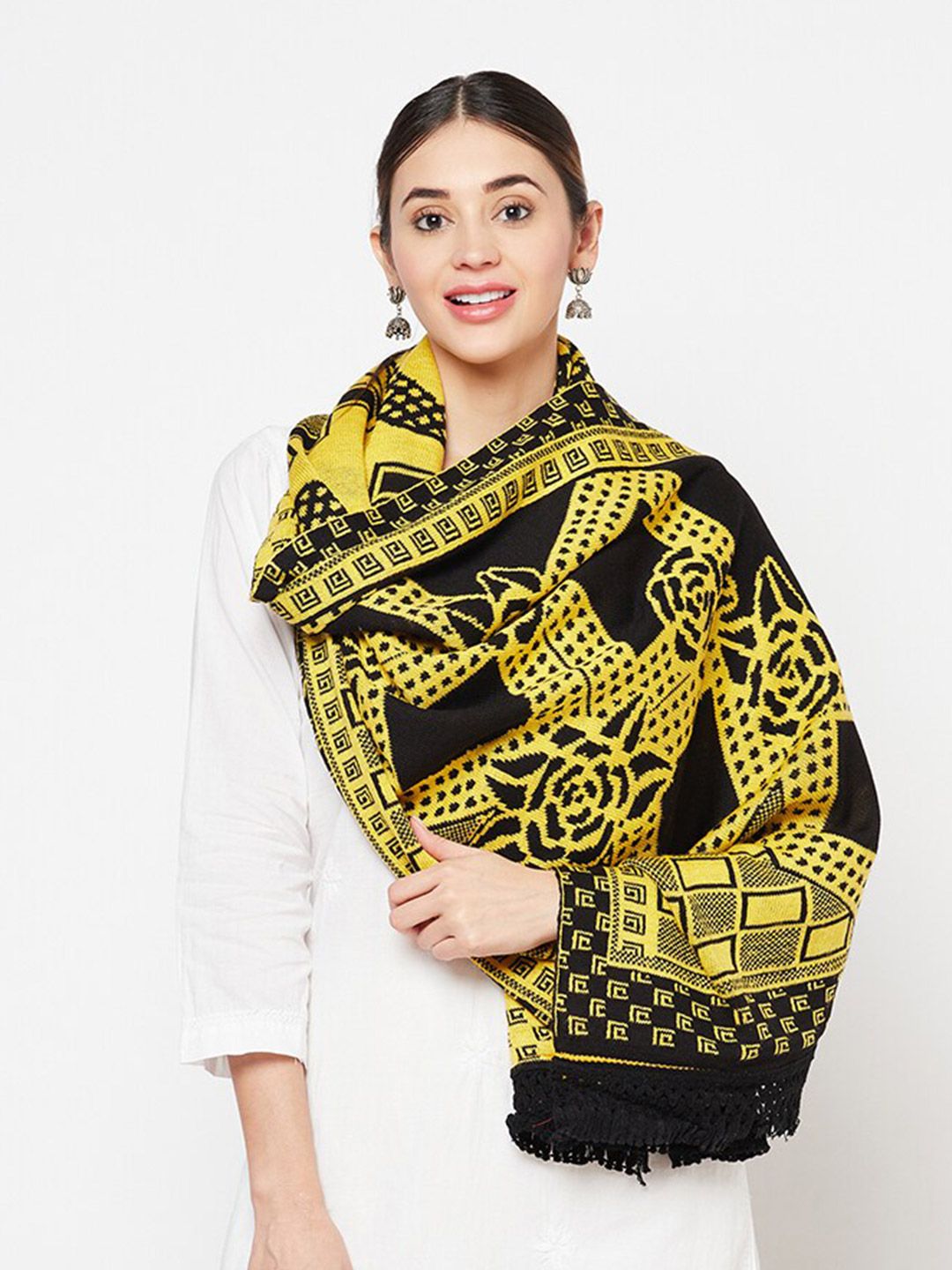 Safaa Women Yellow & Black Knitted Wool Stole Price in India