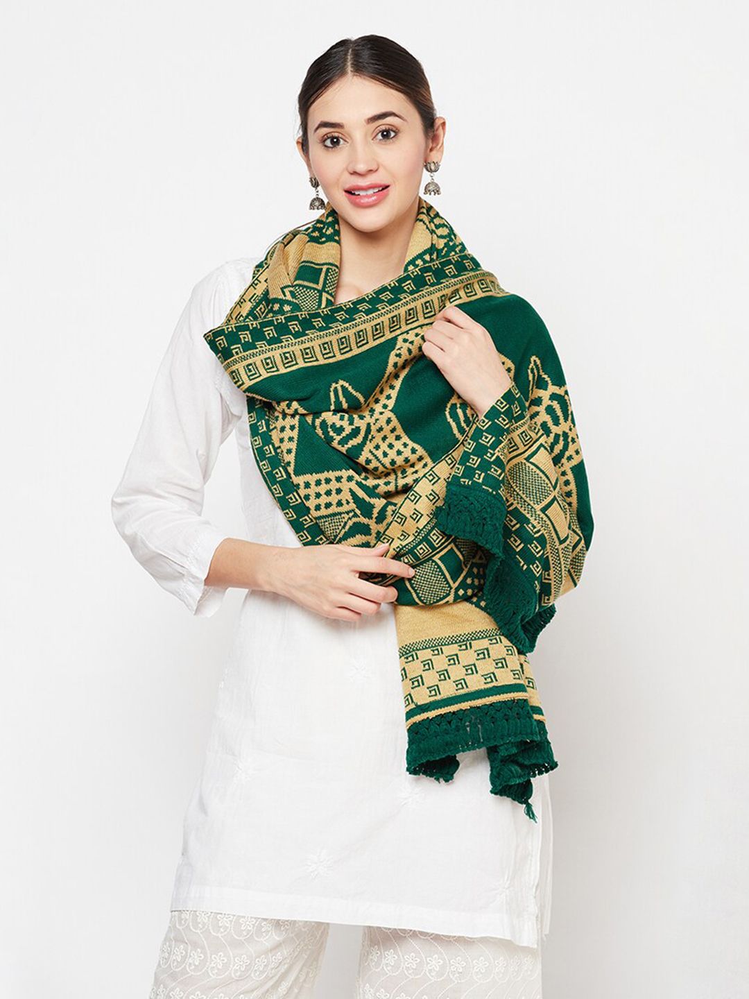 Safaa Women Green & Yellow Wool Woven Design Stole Price in India