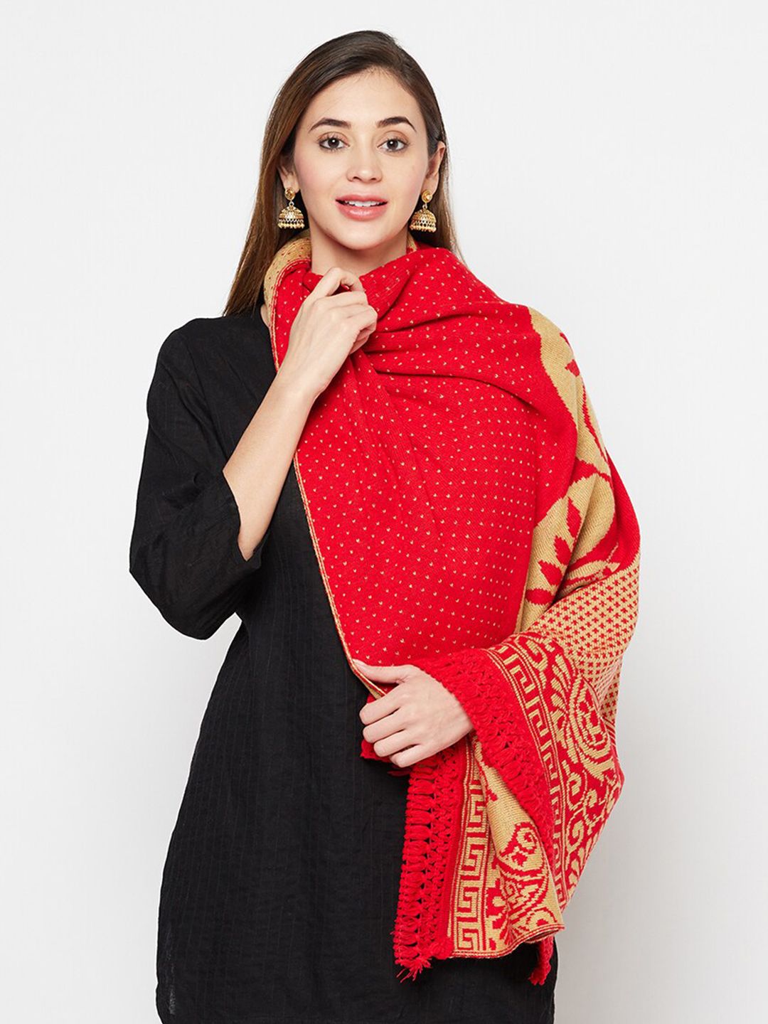 Safaa Women Red & Beige Wool Woven Design Woolen Stole Price in India