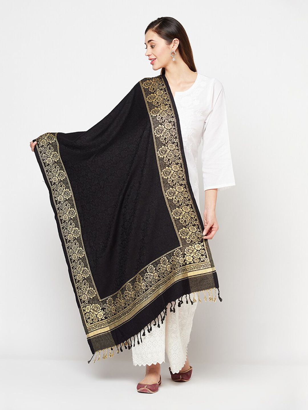 Safaa Women Black & Yellow Wool Woven Design Stole Price in India