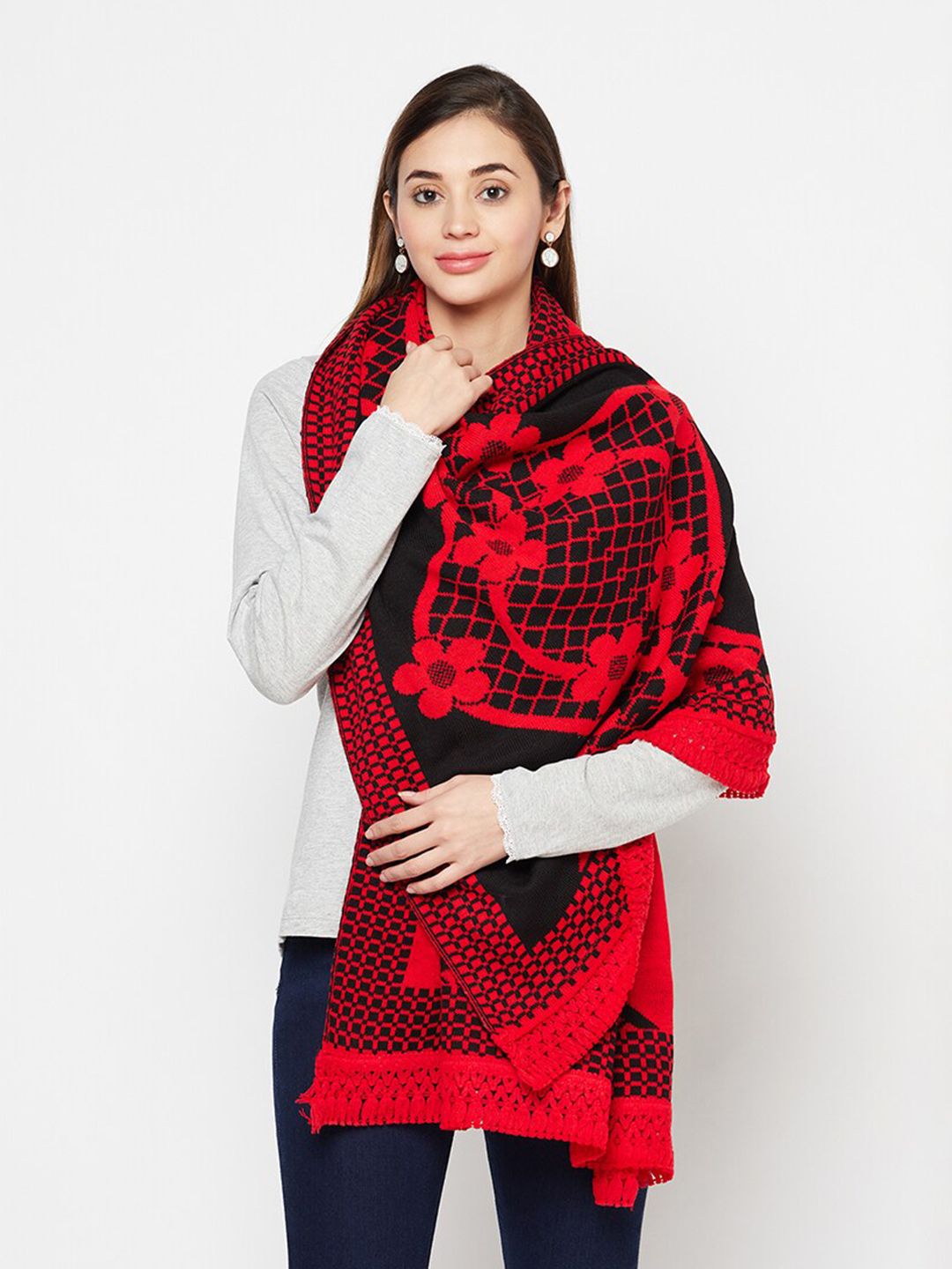 Safaa Women Black & Red Wool Woven Design Stole Price in India