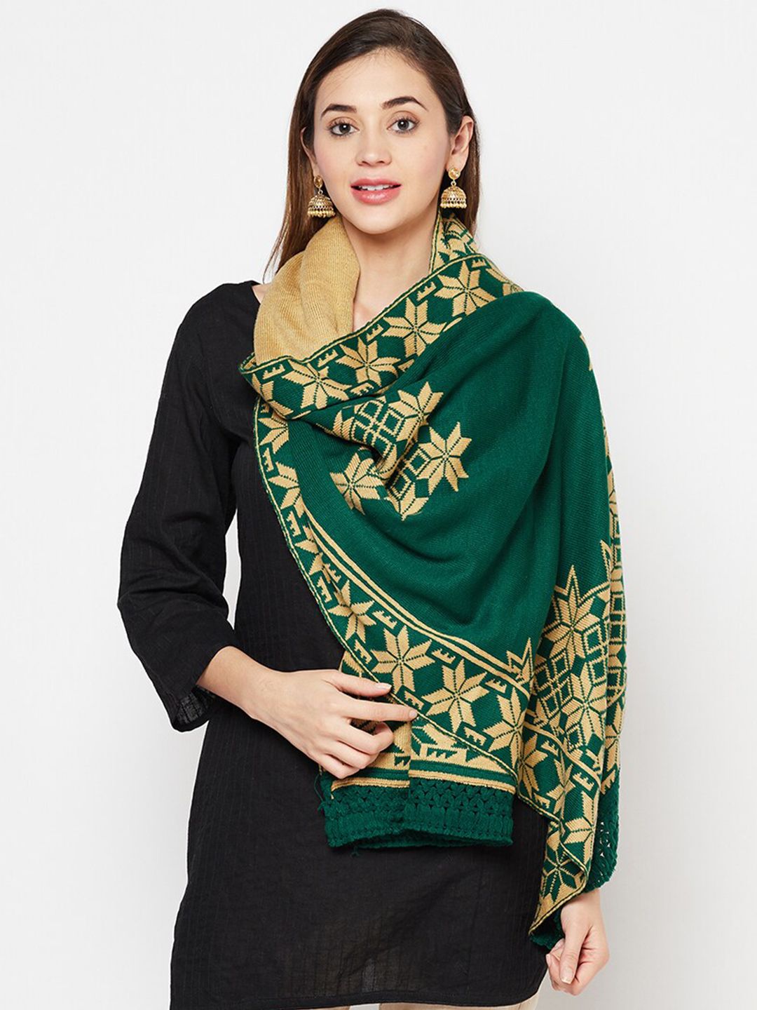 Safaa Women Green & Beige Woven Design Woolen Stole Price in India