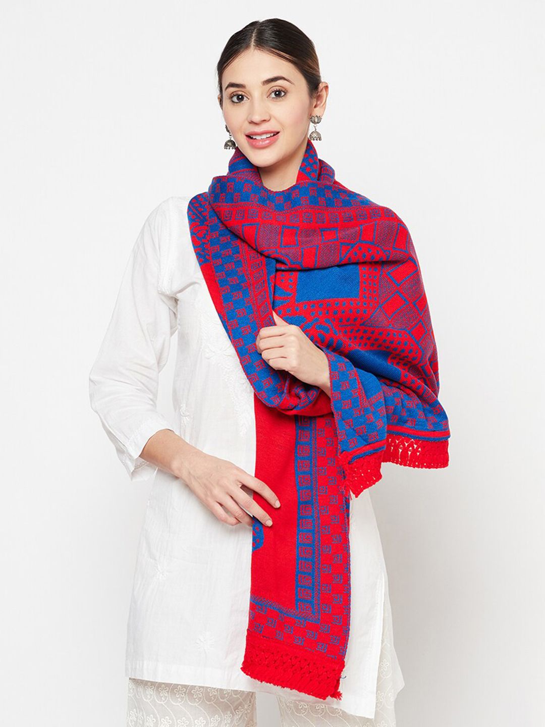 Safaa Women Blue & Red Woven Design Woolen Stole Price in India