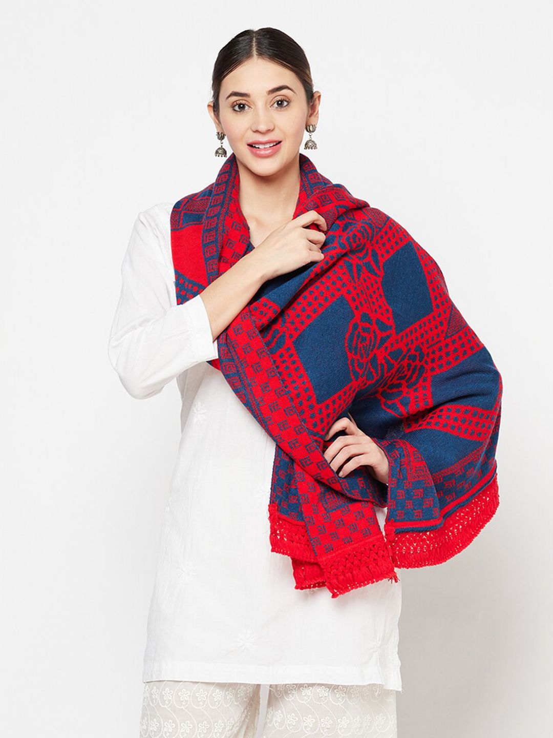 Safaa Women Red & Blue Woven Design Woolen Stole Price in India