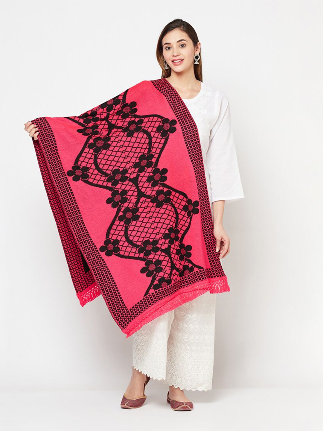 Safaa Women Pink & Black Woven Design Woolen Stole Price in India