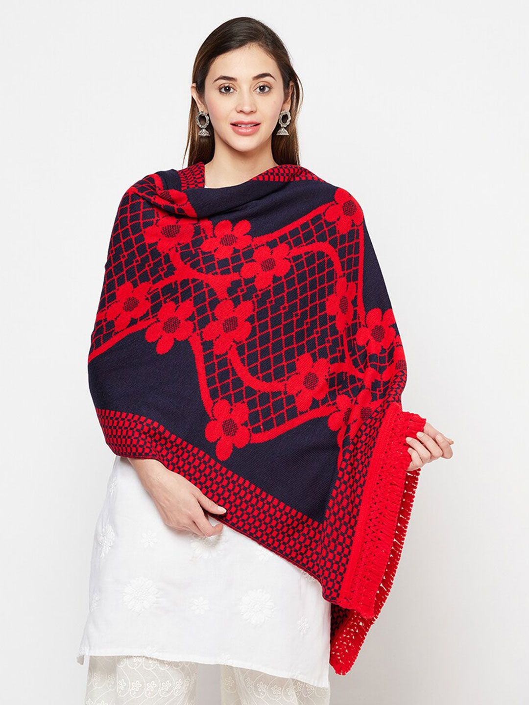 Safaa Women Navy Blue & Red Woven Design Knitted Wool Stole Price in India