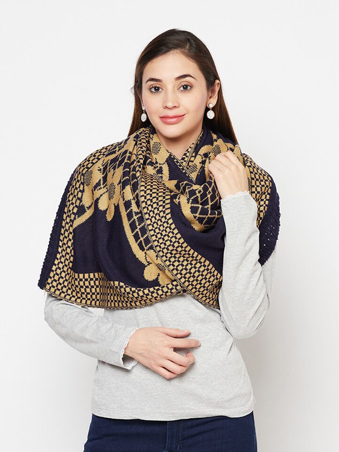 Safaa Women Navy Blue & Beige Woven Design Stole Price in India