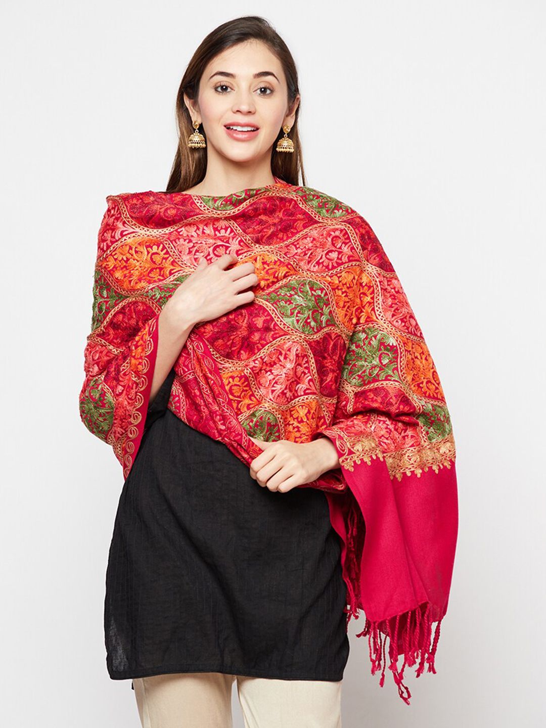 Safaa Women Red Embroidered Woolen Stole Price in India