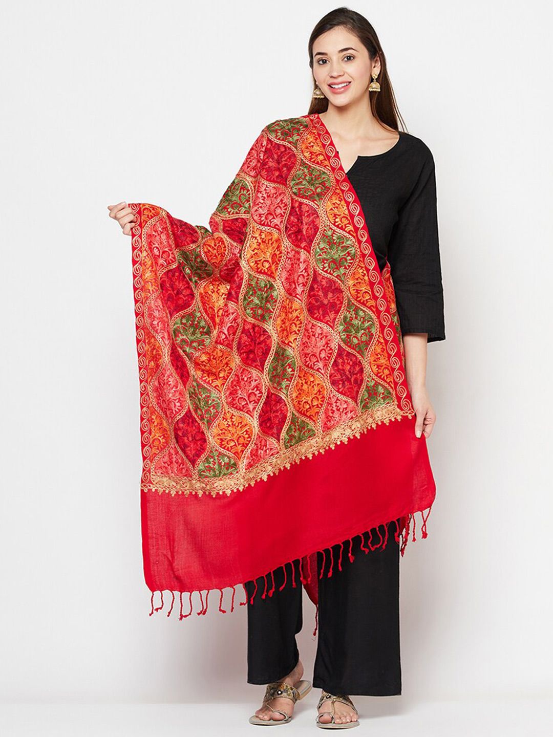 Safaa Women Red Embroidered Woolen Stole Price in India