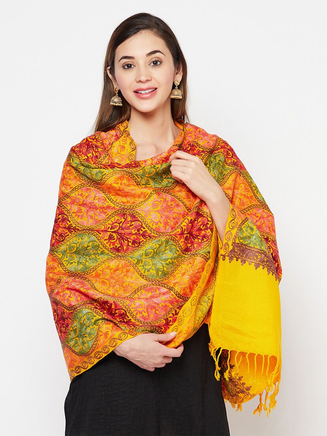 Safaa Women Yellow Embroidered Woolen Stole Price in India