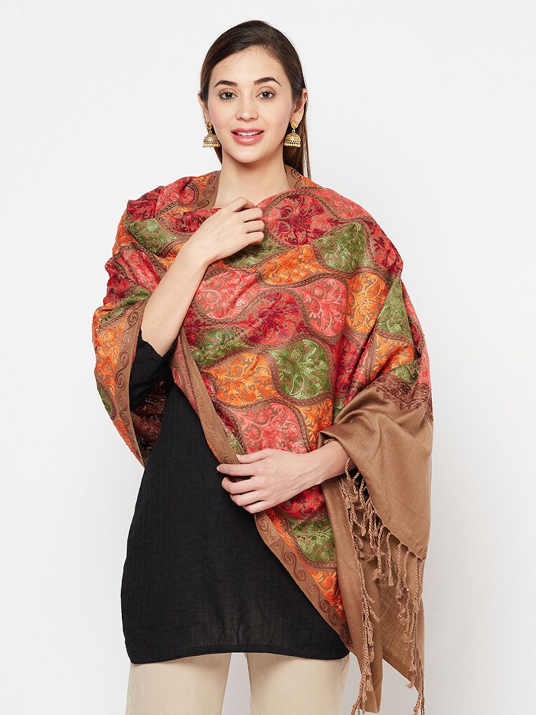 Safaa Women Brown & Red Embroidered Stole Price in India