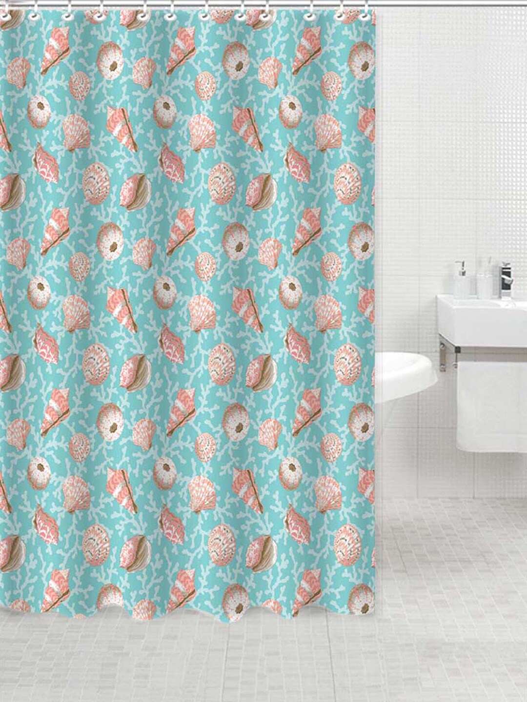 Lushomes Blue & Beige Printed Shower Curtain Price in India