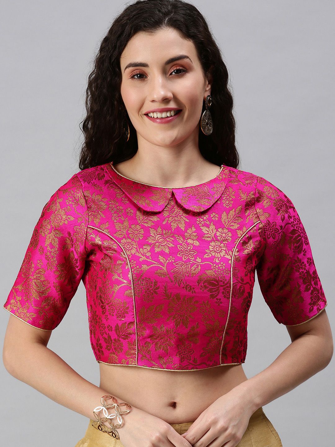 flaher Women Pink & Golden Woven Saree Blouse Price in India