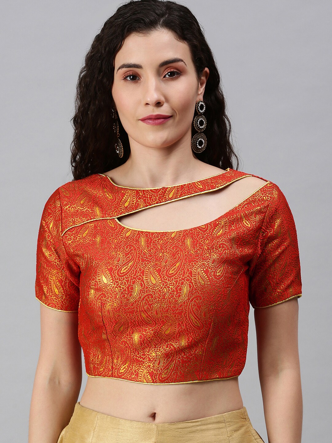 flaher Women Red & Golden Woven Saree Blouse Price in India