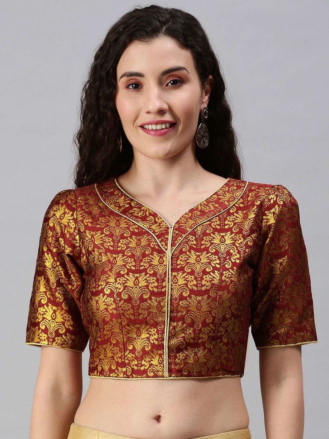 flaher Women Maroon & Golden Woven Saree Blouse Price in India