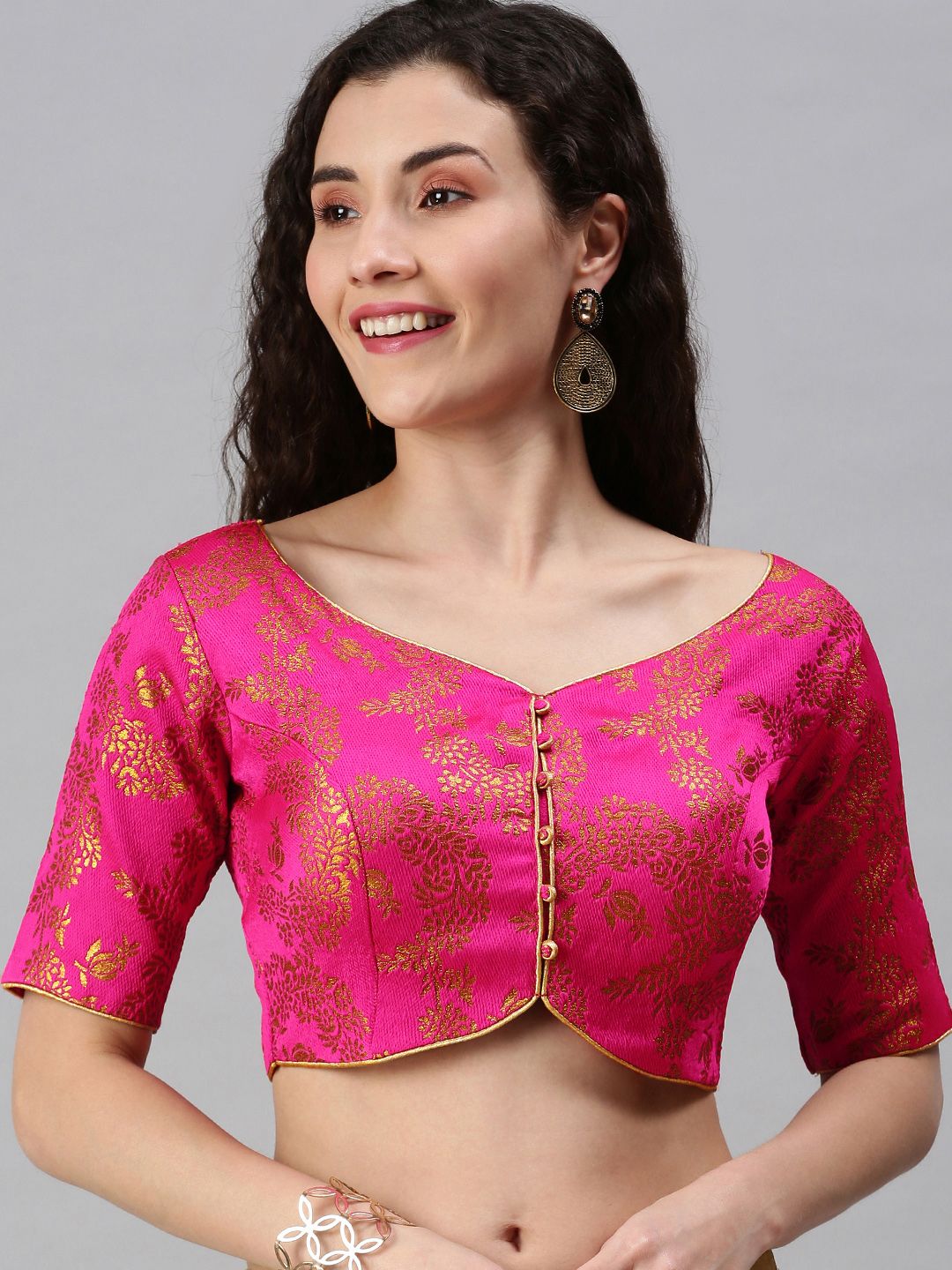 flaher Women Pink & Golden Woven Saree Blouse Price in India
