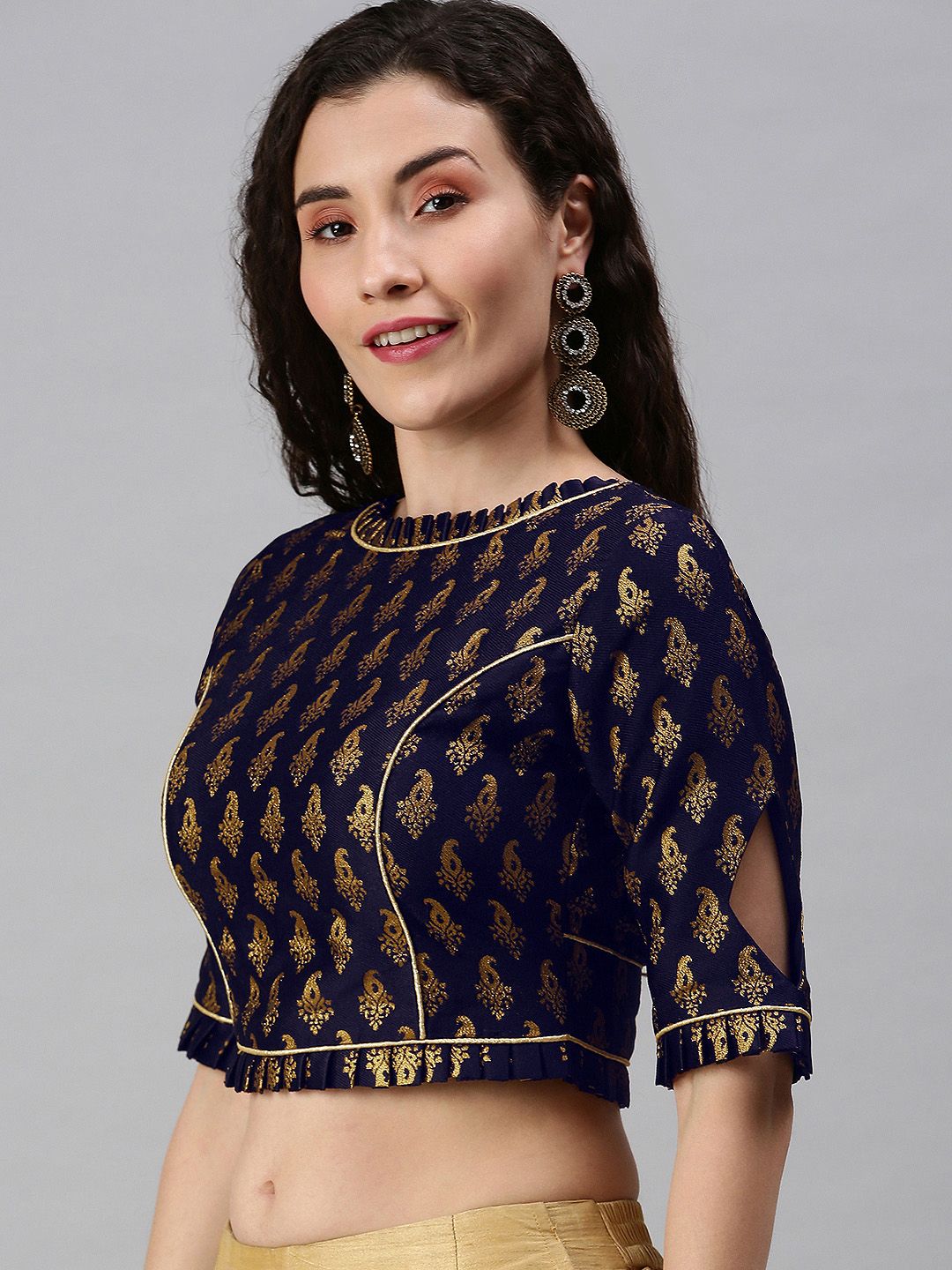 flaher Women Navy Blue & Golden Woven Saree Blouse Price in India