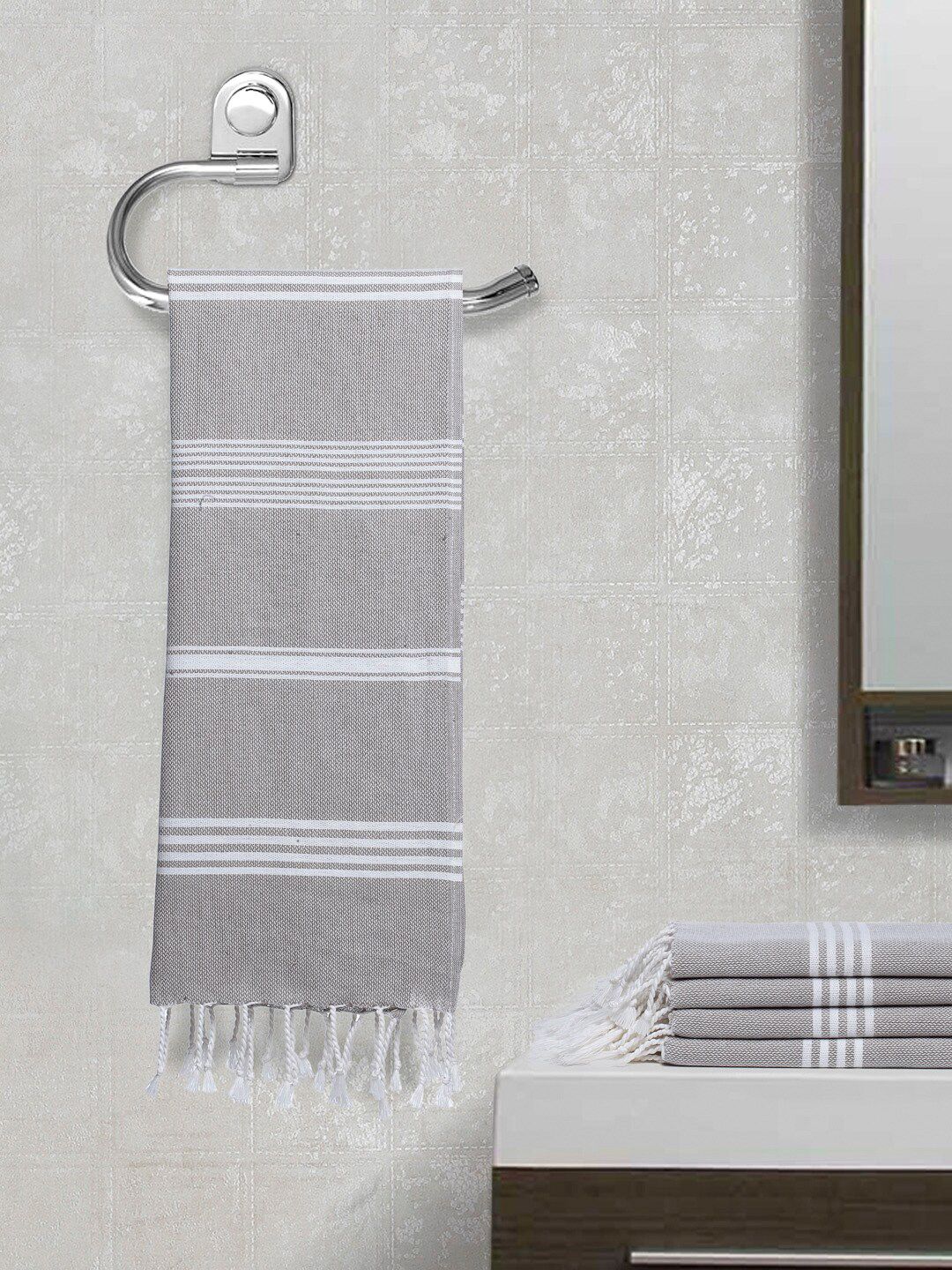 Arrabi Set Of 5 Grey & White Striped 210 GSM Pure Cotton Hand Towels Price in India