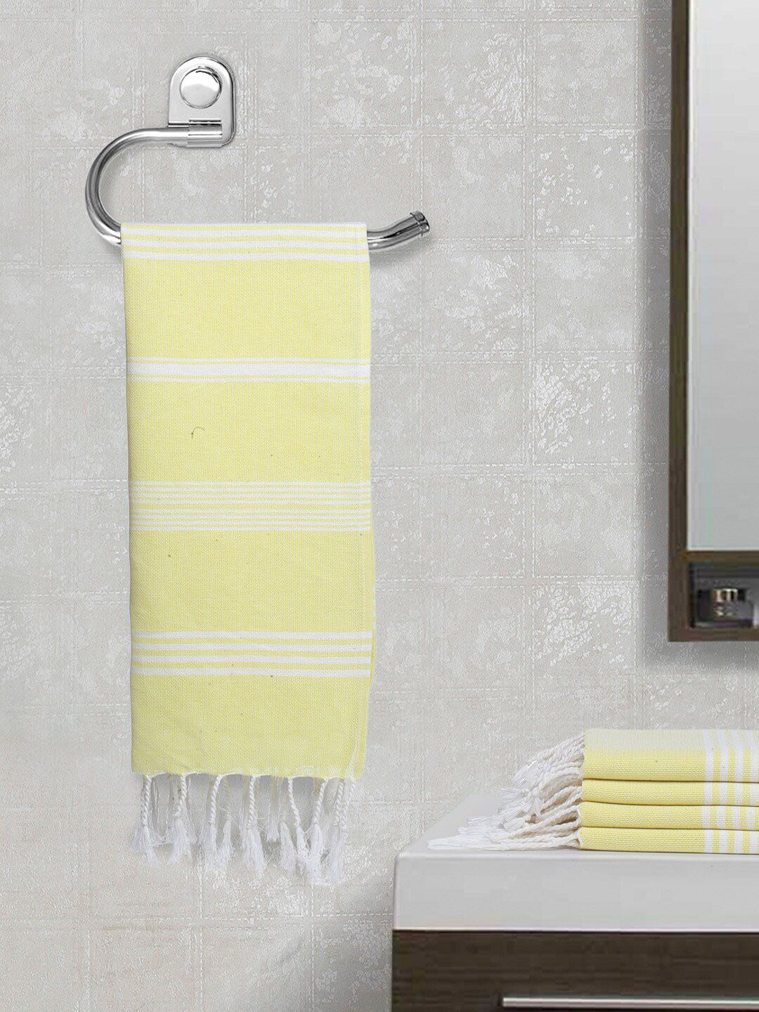 Arrabi Set Of 5 Yellow & White Striped 210 GSM Cotton Hand Towels Price in India