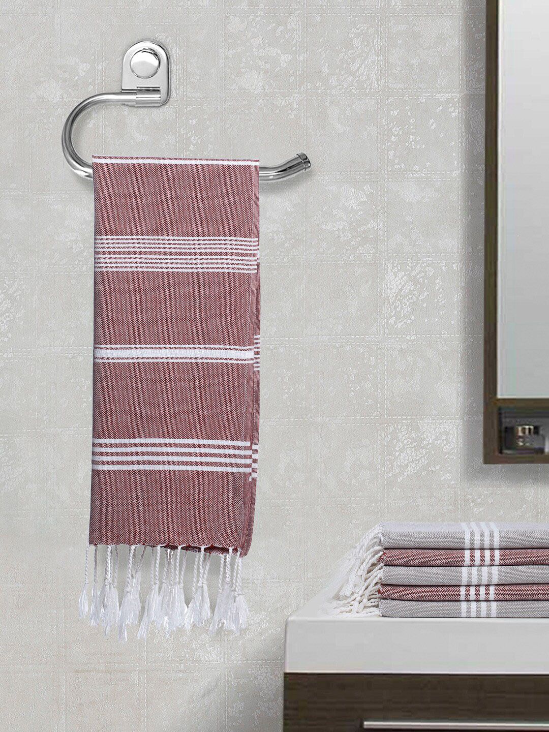 Arrabi Set Of 6 Brown & Grey Striped 210 GSM Pure Cotton Hand Towels Price in India