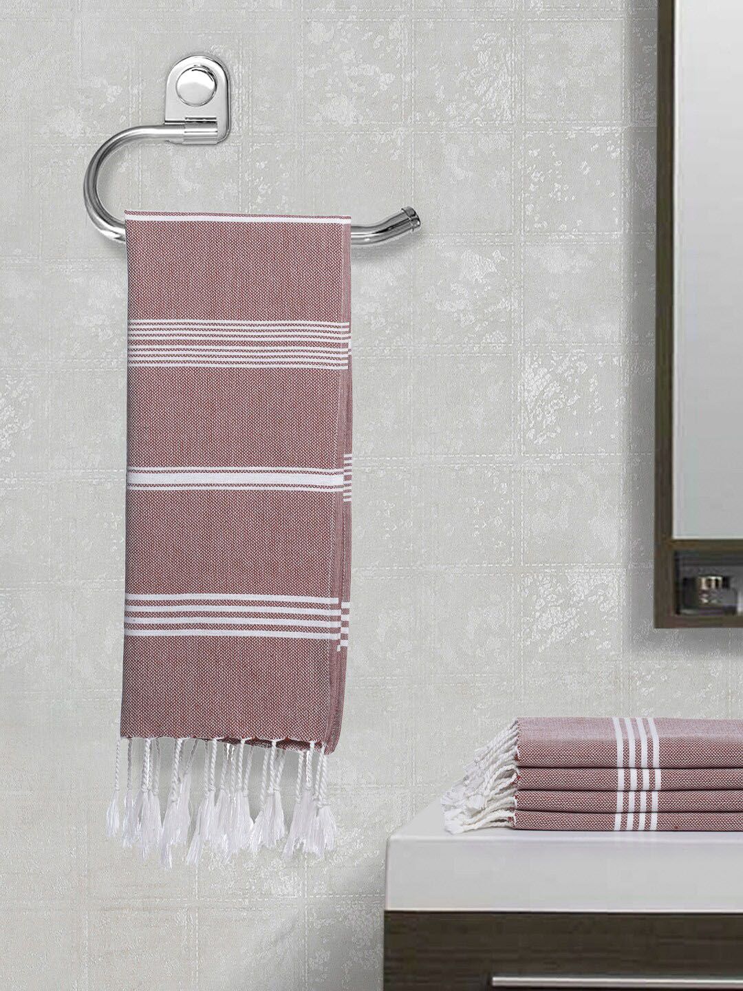 Arrabi Set Of 5 Red & White Striped Cotton Hand Towels Price in India