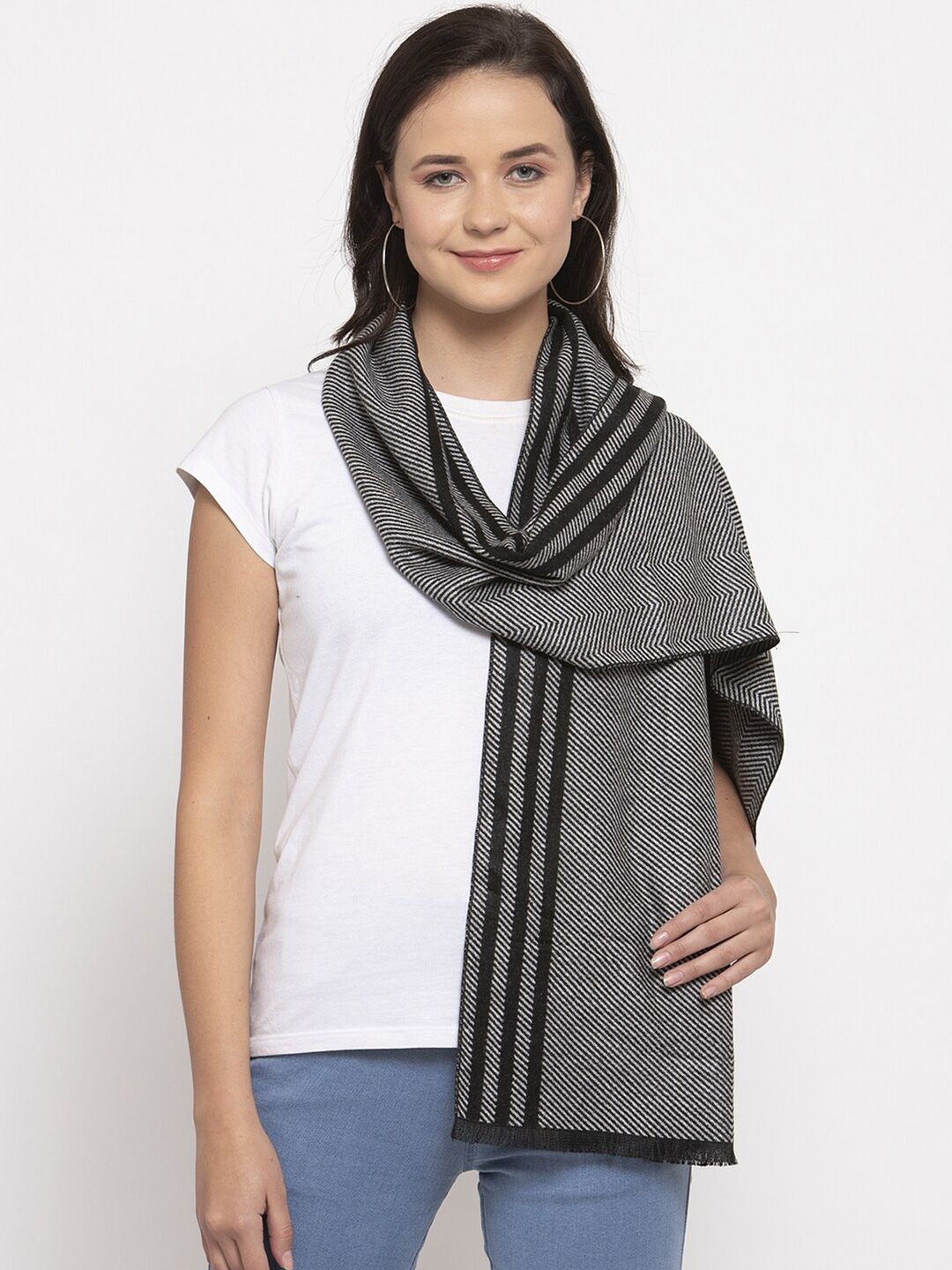 Calvadoss Women Black Striped Woolen Stole Price in India