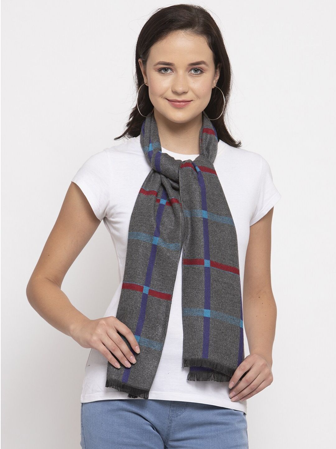 Calvadoss Women Grey & Blue Checked Wool Stoles Price in India