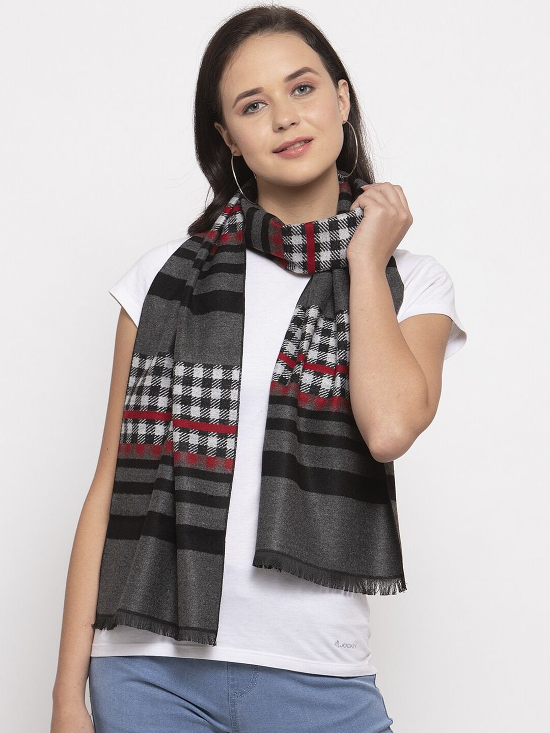 Calvadoss Women Grey & White Checked Wool Stoles Price in India