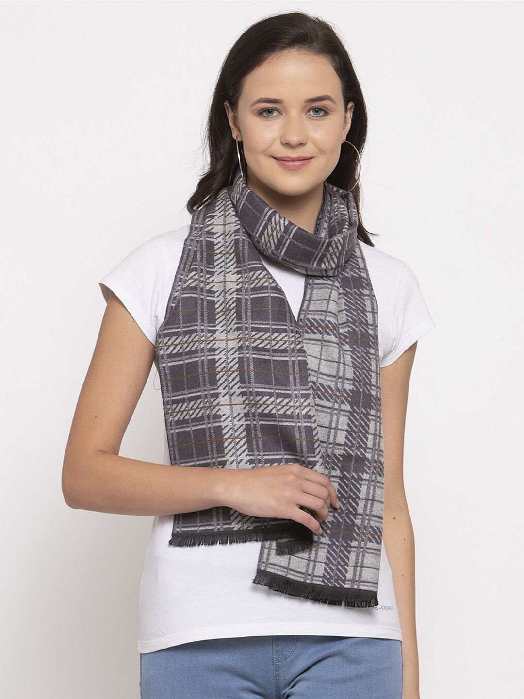 Calvadoss Women Grey Checked Woolen Stole Price in India