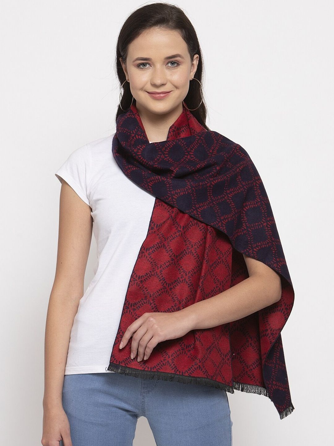 Calvadoss Women Blue & Maroon Woven Design Wool Stole Price in India