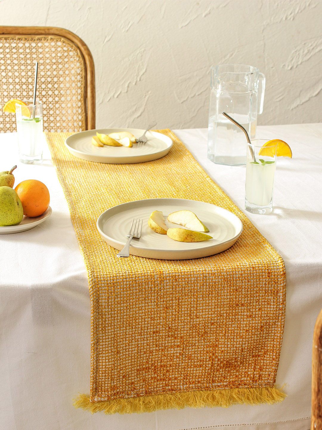 House This Yellow Self Design Cotton Rectangular Table Runner Price in India
