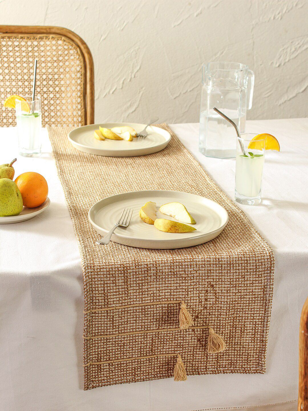House This Beige Self Design Cotton Rectangular Table Runner Price in India